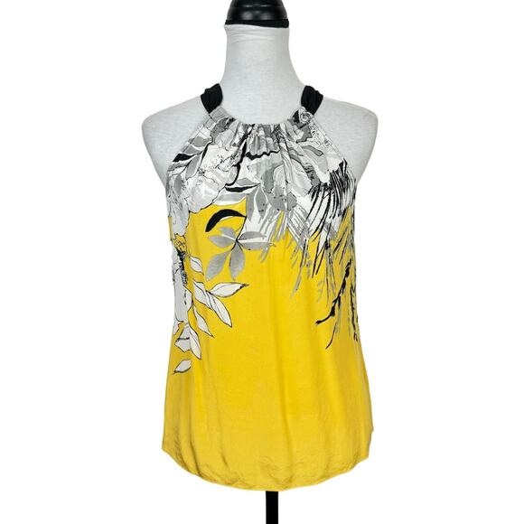T Tahari Yellow & Black Floral Print 100% Silk Sleeveless Halter Neck Blouse - Picture 1 of 9